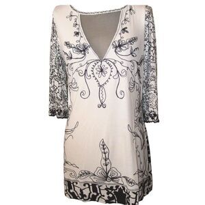 Krista Lee Top Tunic Womens XL White Black Boho Viva Las Vegas Embroidery Beaded